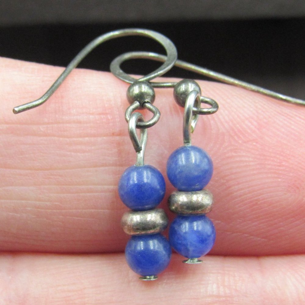 Sterling Tiny Rustic Blue Ball Stone Earrings - image 1